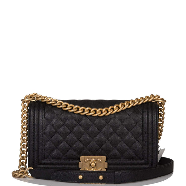Chanel Black Quilted Caviar Medium Boy Bag Antique Gold Hardware