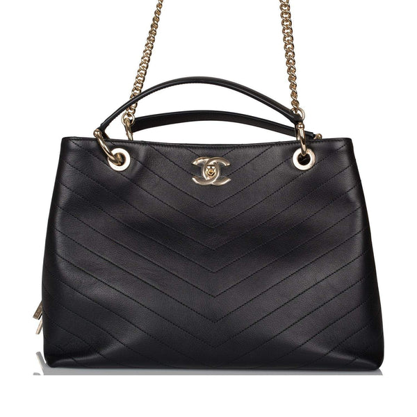 Chanel Black Calfskin Chevron Chic Tote Bag Light Gold Hardware