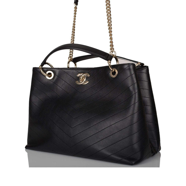 Chanel Black Calfskin Chevron Chic Tote Bag Light Gold Hardware