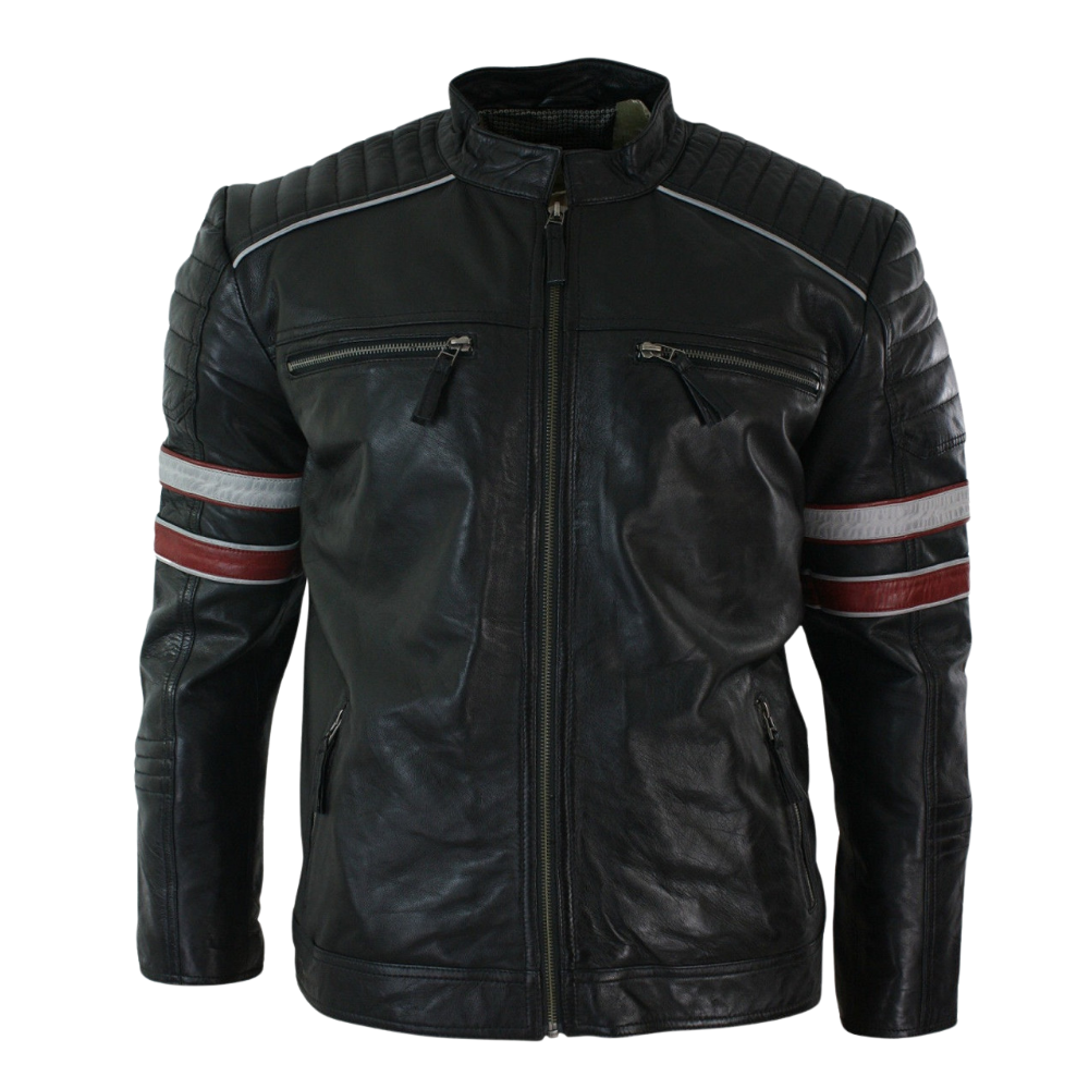 Cafe Racer Black Leather Jacket with Red and White Stripes