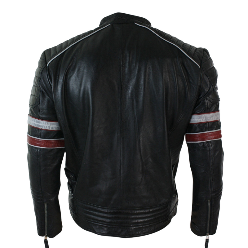 Cafe Racer Black Leather Jacket with Red and White Stripes