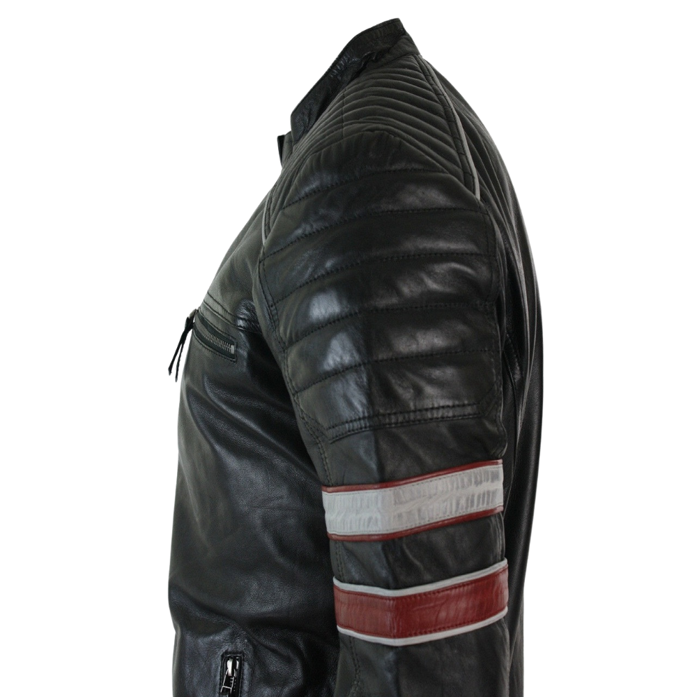 Cafe Racer Black Leather Jacket with Red and White Stripes